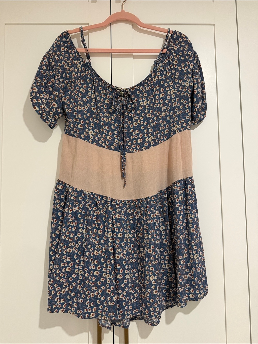 Kori Blue Floral Mini Dress with Cream Waist Panel